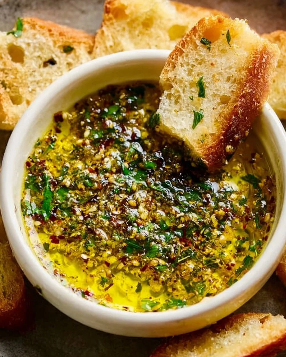A bowl of garlic olive oil dip served with fresh bread and herbs.
