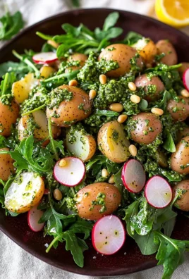 Arugula Pesto Potato Salad served in a bowl garnished with fresh herbs