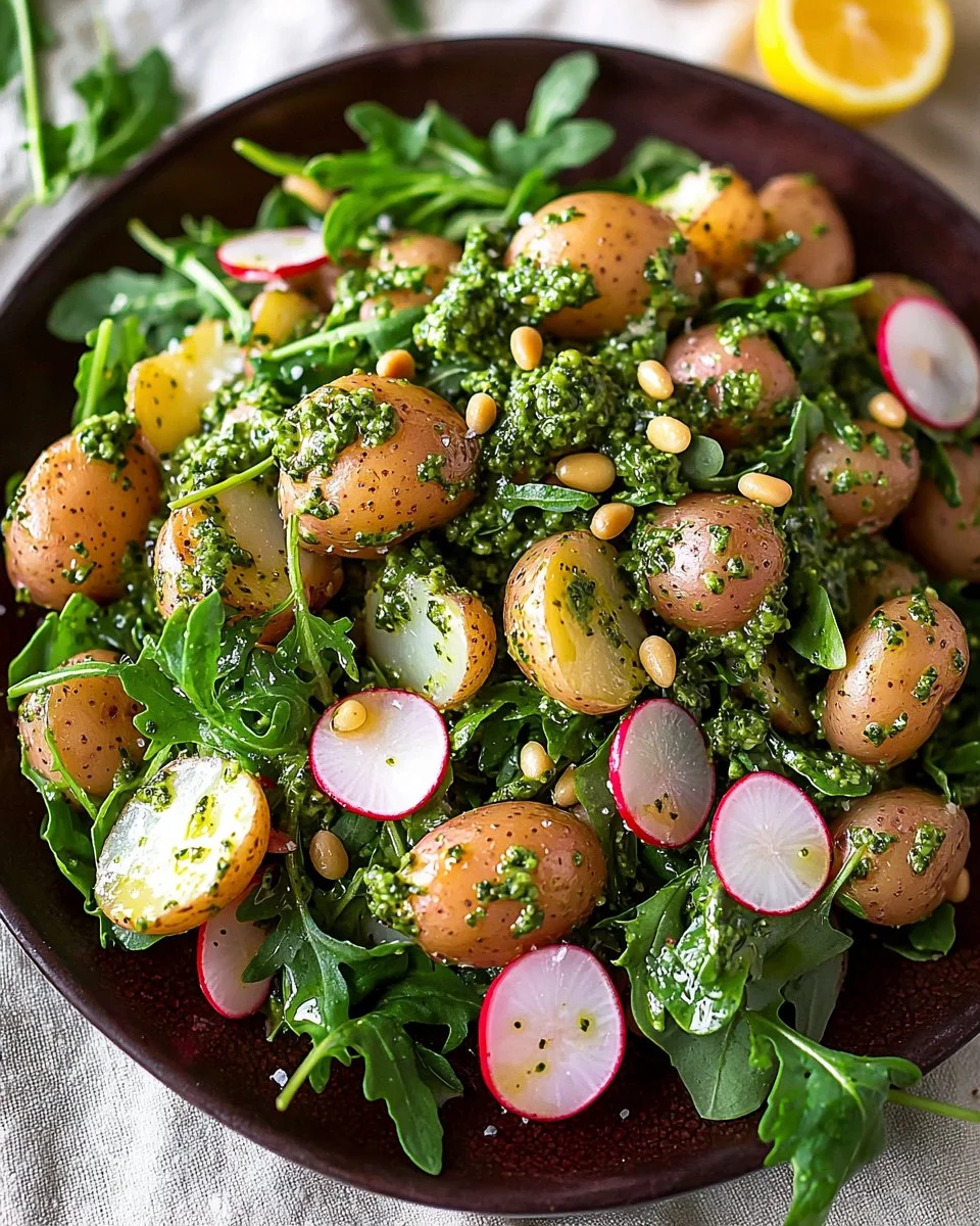 Arugula Pesto Potato Salad served in a bowl garnished with fresh herbs