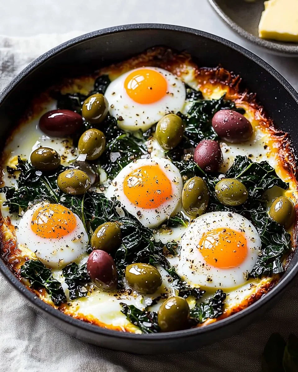 Baked eggs with chard and olives in a rustic baking dish