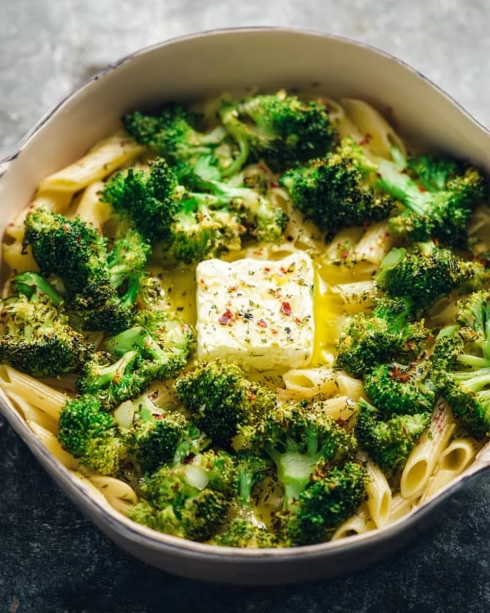 Baked feta and broccoli pasta served in a bowl