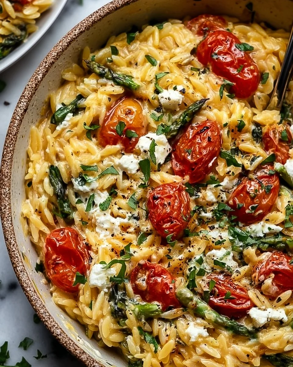 Baked feta orzo dish served with fresh herbs and vegetables