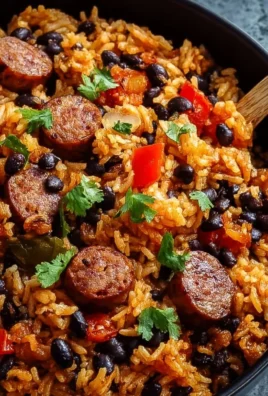 Delicious black beans and rice with sausage served in a bowl