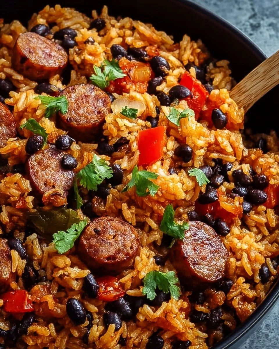Delicious black beans and rice with sausage served in a bowl