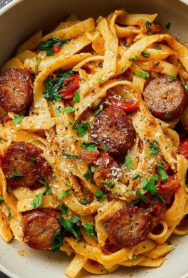 Plate of rich and creamy Cajun Sausage Pasta topped with herbs