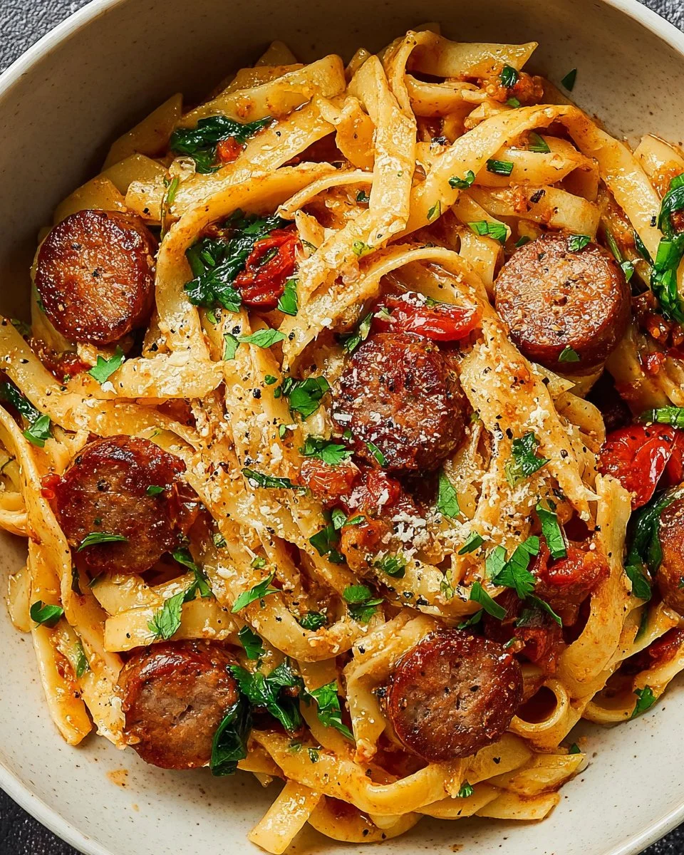 Plate of rich and creamy Cajun Sausage Pasta topped with herbs
