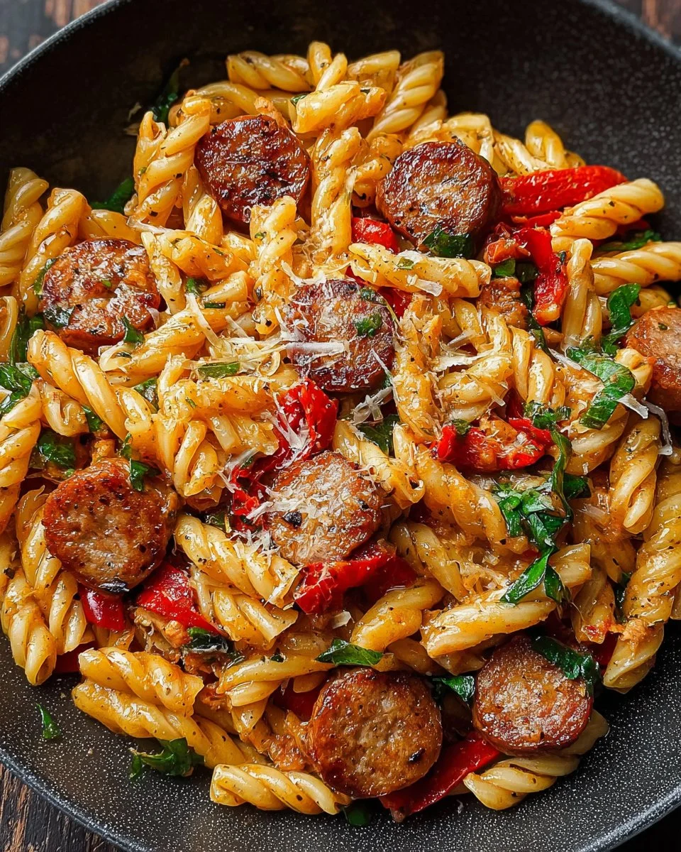Delicious Cajun Sausage Pasta served in a bowl with spices and herbs