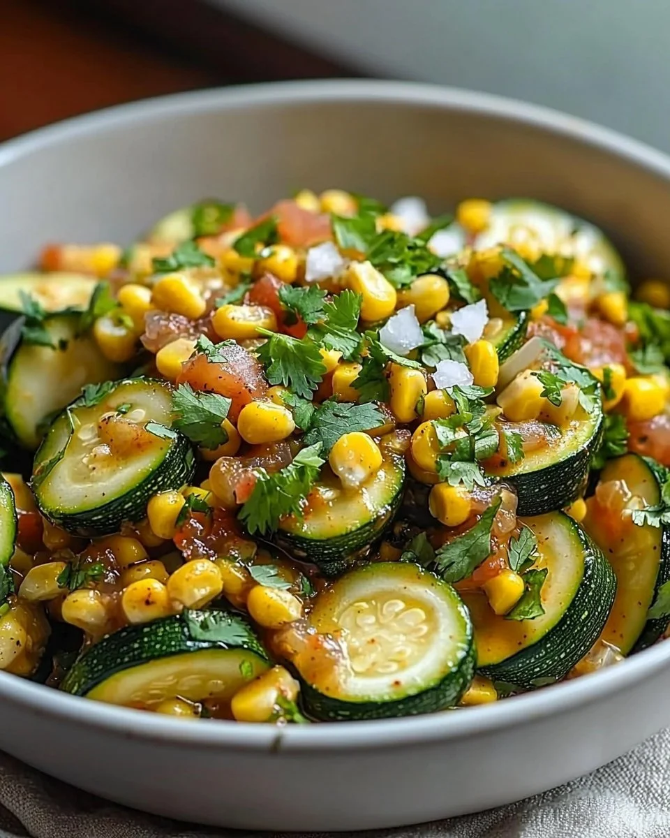 Plate of Calabacitas featuring zucchini, corn, and spices