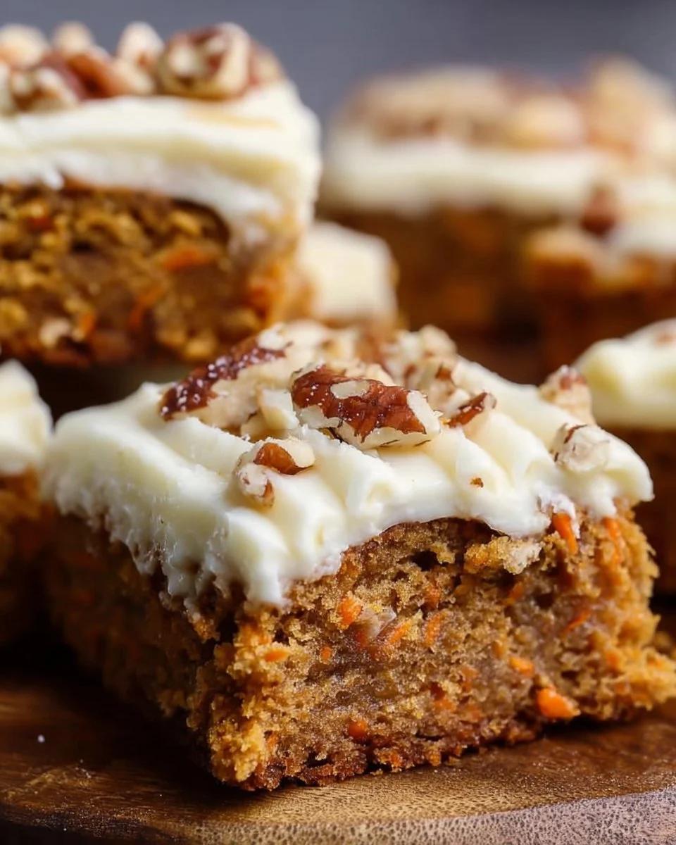 Delicious carrot cake bars topped with cream cheese frosting and nuts