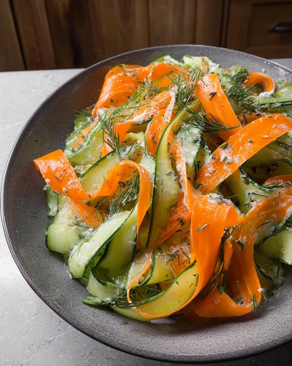 Carrot and cucumber ribbon salad with fresh herbs and dressing