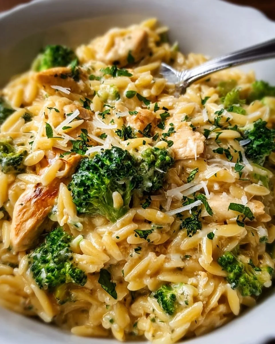Cheesy chicken broccoli orzo dish served in a bowl, garnished with herbs.