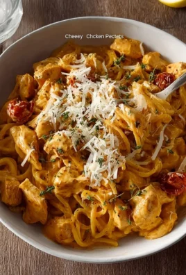 Delicious plate of cheesy chicken pasta topped with fresh herbs