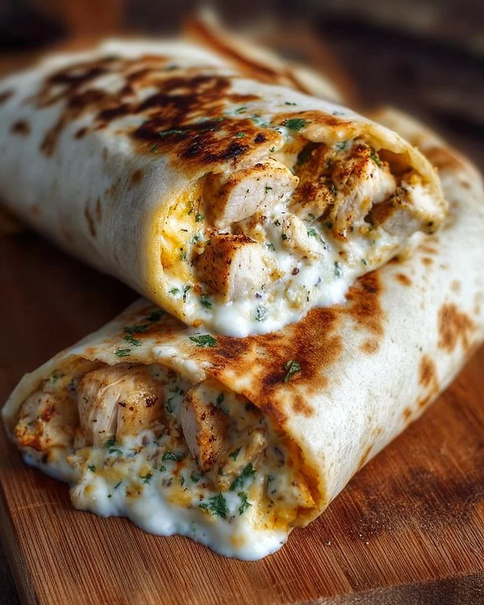 Cheesy garlic chicken wraps served on a plate with fresh ingredients
