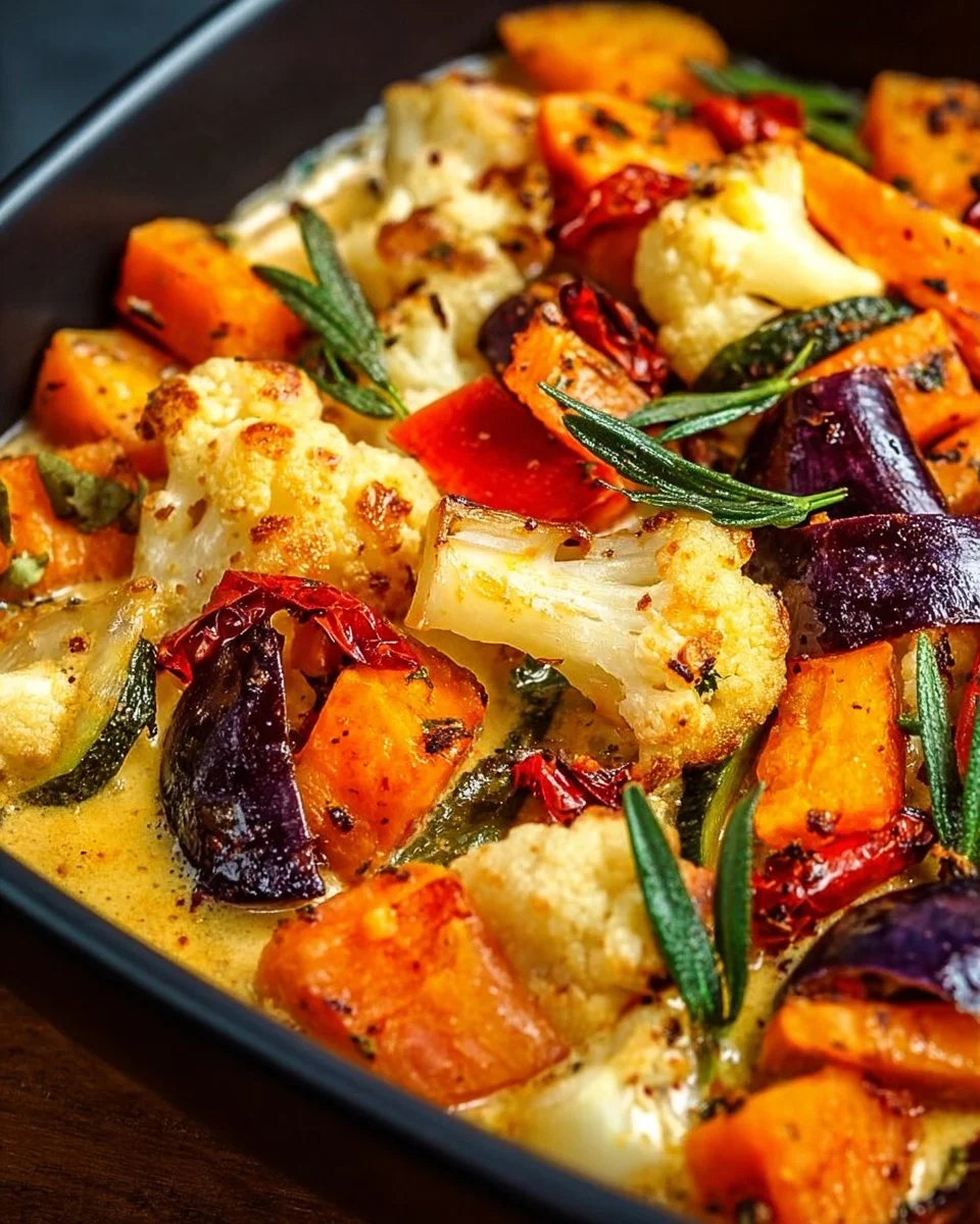 Cheesy Marry Me Roasted Vegetable Medley served in a colorful dish