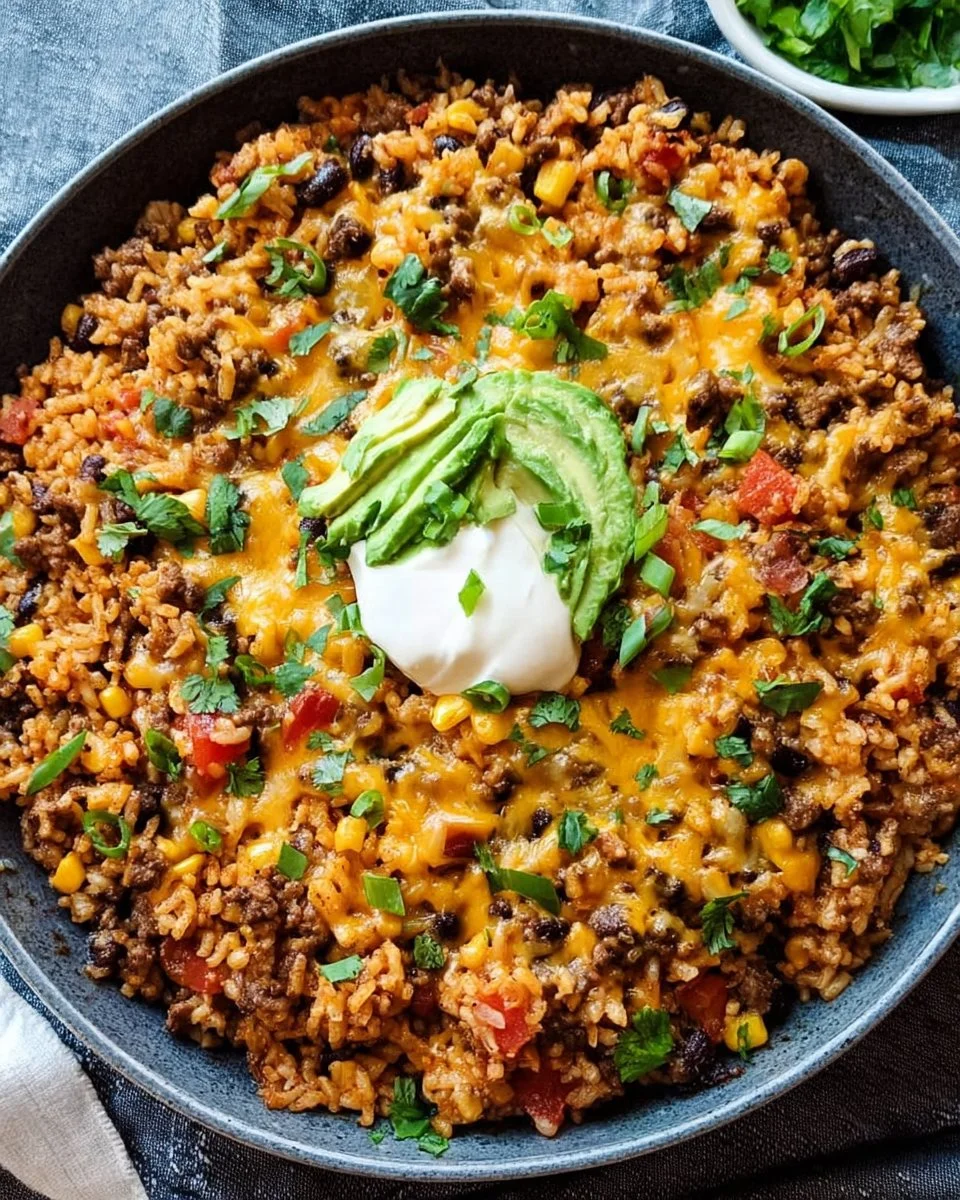 Delicious cheesy taco rice skillet served in a pan with toppings.