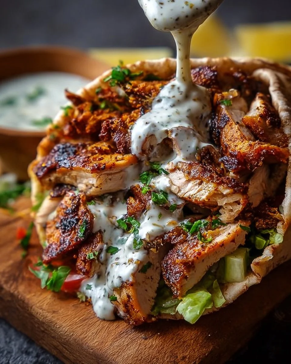 Delicious chicken shawarma wrapped in pita with garlic sauce and fresh toppings