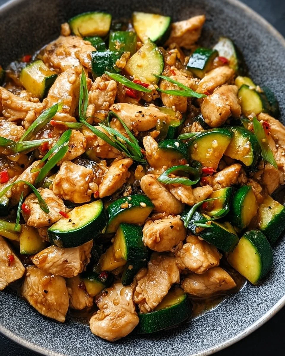 Delicious chicken zucchini stir fry with colorful vegetables in a skillet