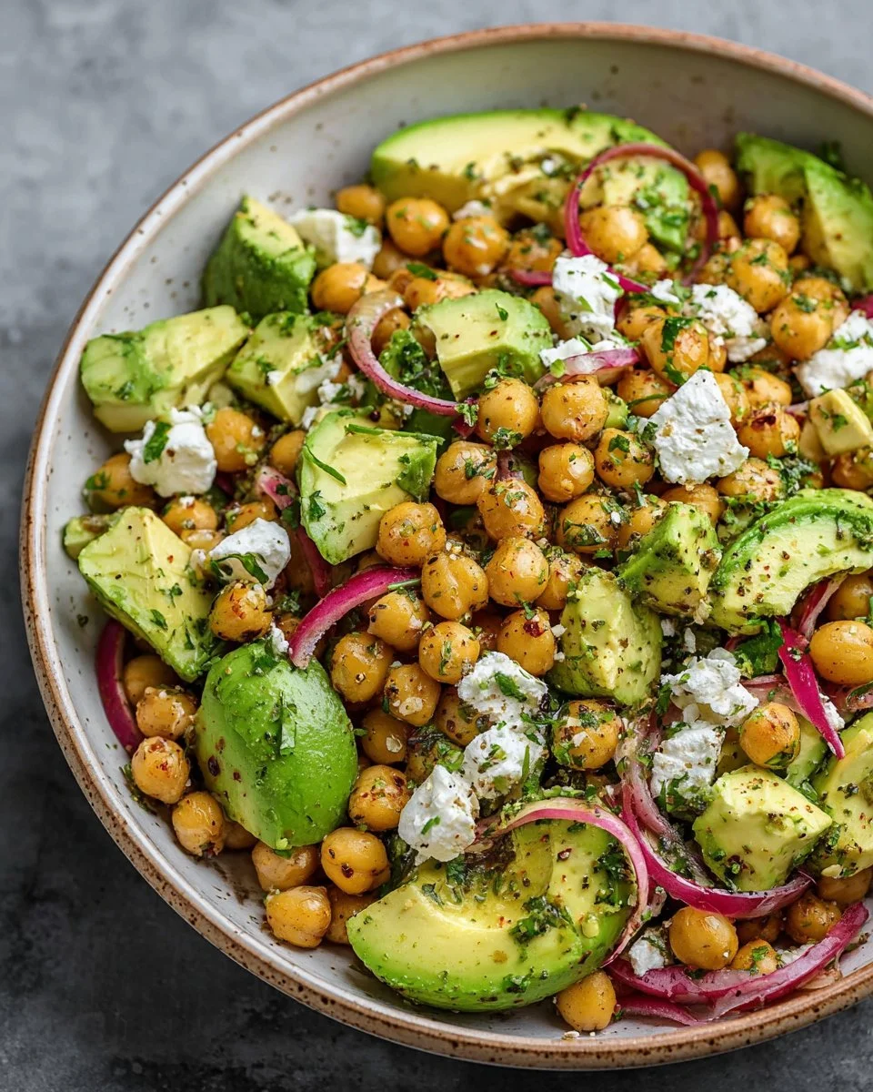 Chickpea Feta Avocado Salad with fresh ingredients in a bowl