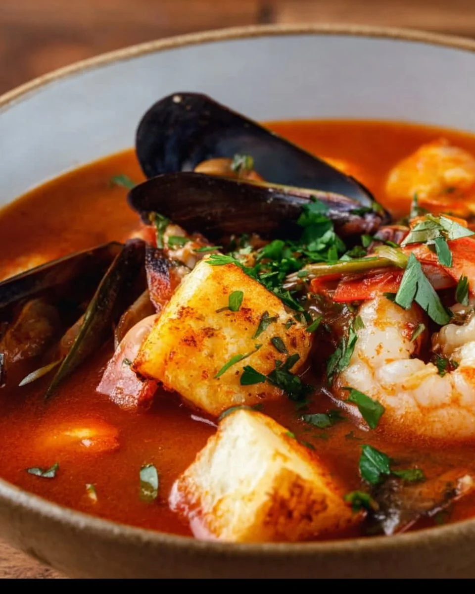 A delicious bowl of Cioppino, an Italian seafood stew with vibrant flavors.