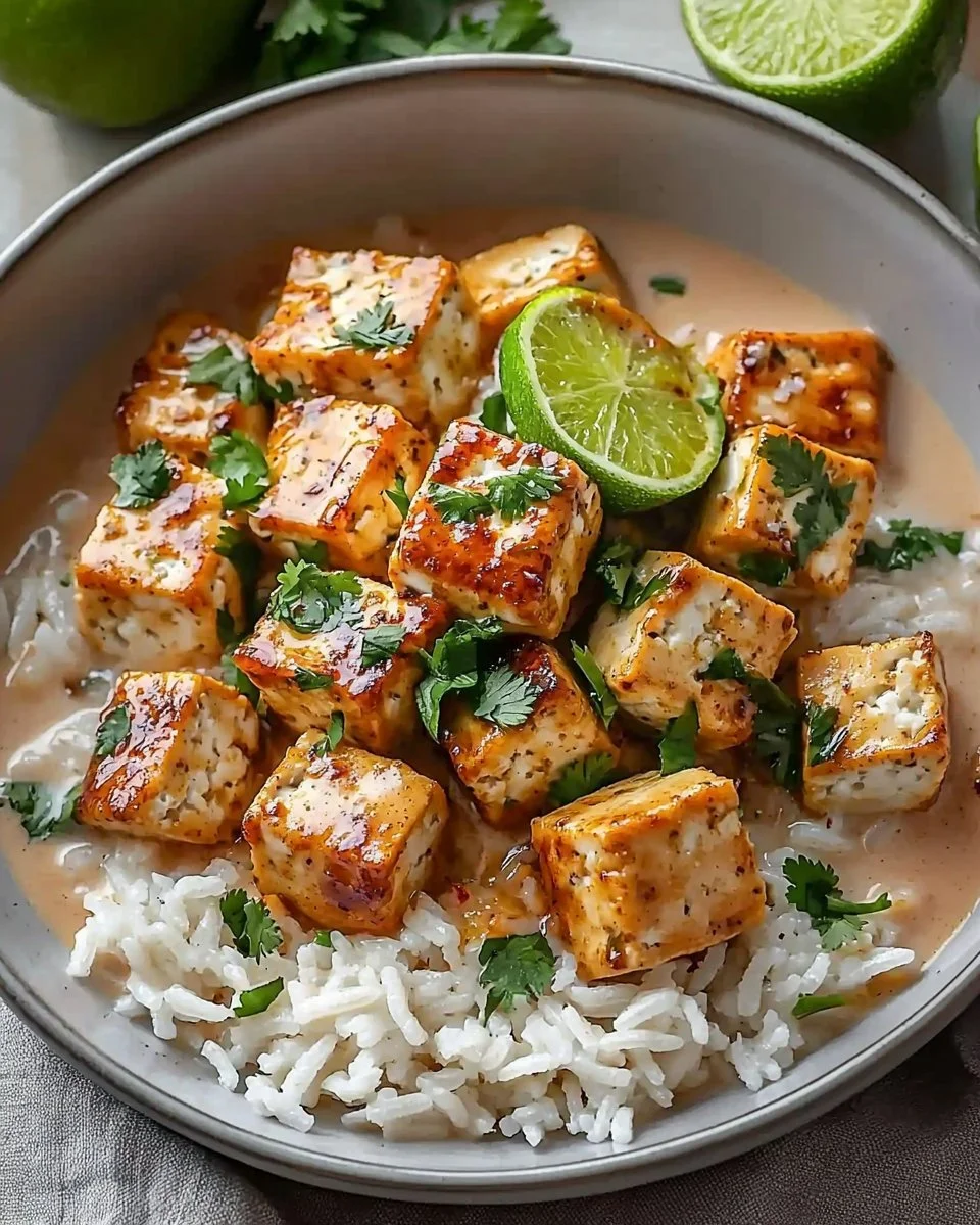 Delicious Coconut Lime Tofu dish garnished with fresh herbs and lime wedges