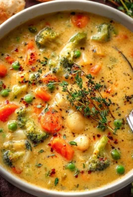 Bowl of comforting one-pot creamy vegetable soup with fresh vegetables