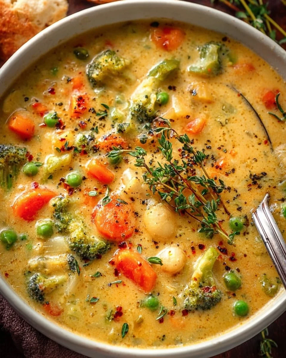 Bowl of comforting one-pot creamy vegetable soup with fresh vegetables