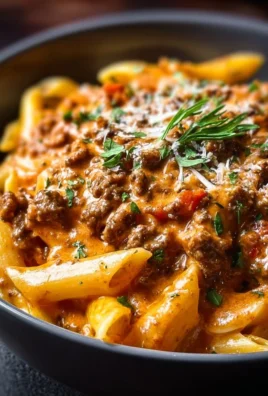 Creamy beef pasta dish served in a bowl with fresh herbs