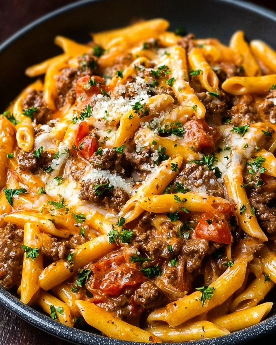 Creamy beef pasta dish garnished with herbs and served in a bowl