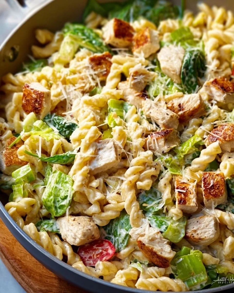 Creamy chicken pasta with mixed vegetables in a bowl