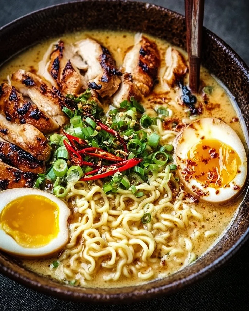 Bowl of creamy garlic chicken ramen garnished with green onions