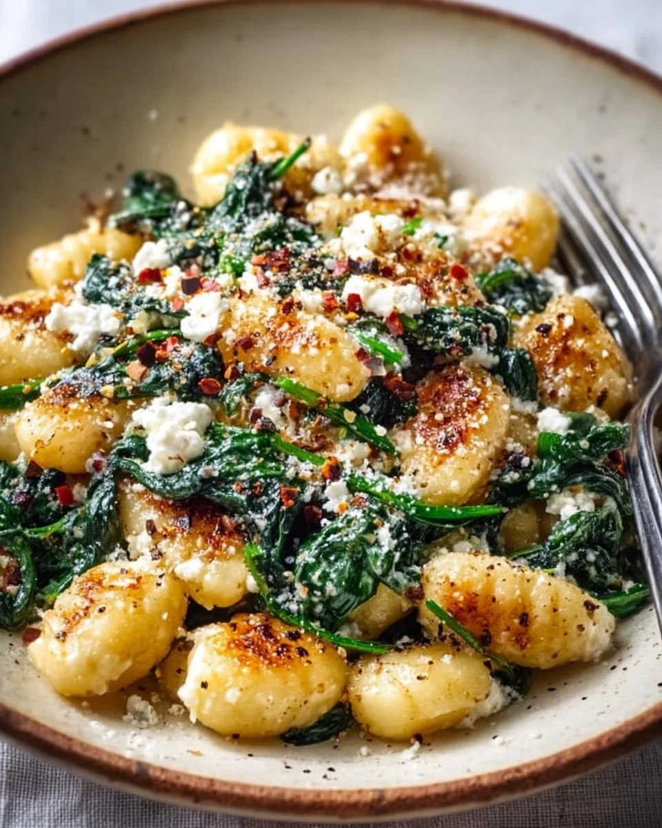 Creamy gnocchi served with spinach and feta cheese