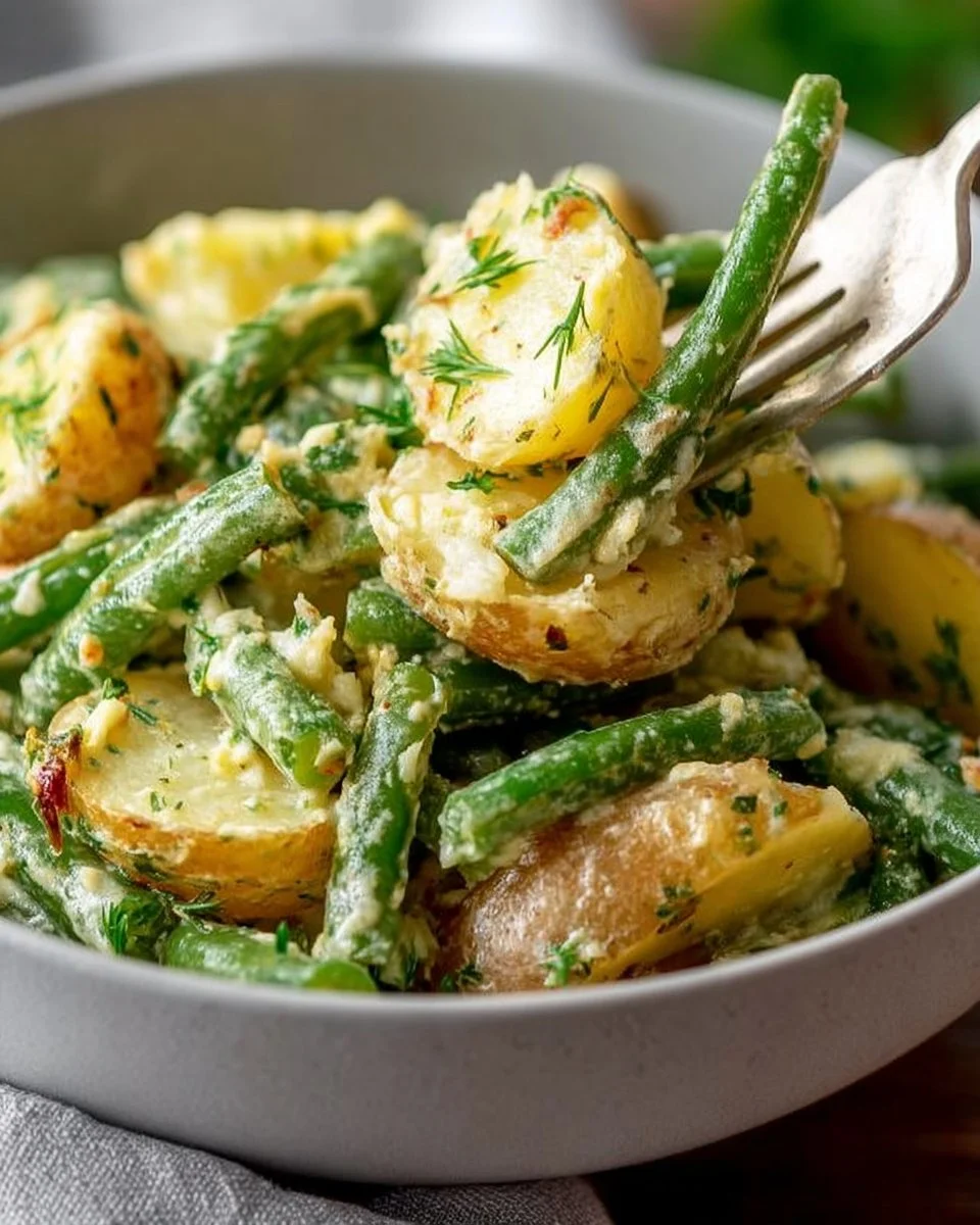 Creamy green bean potato salad served in a bowl with fresh herbs