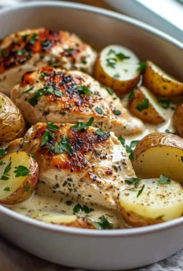 Creamy herb chicken served with vegetables on a white plate