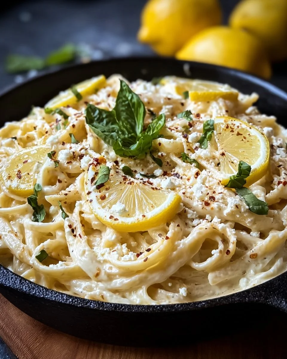 Creamy lemon feta pasta with fresh herbs and lemon zest on a white plate