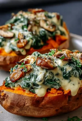 Creamy mushroom and spinach stuffed sweet potatoes topped with herbs