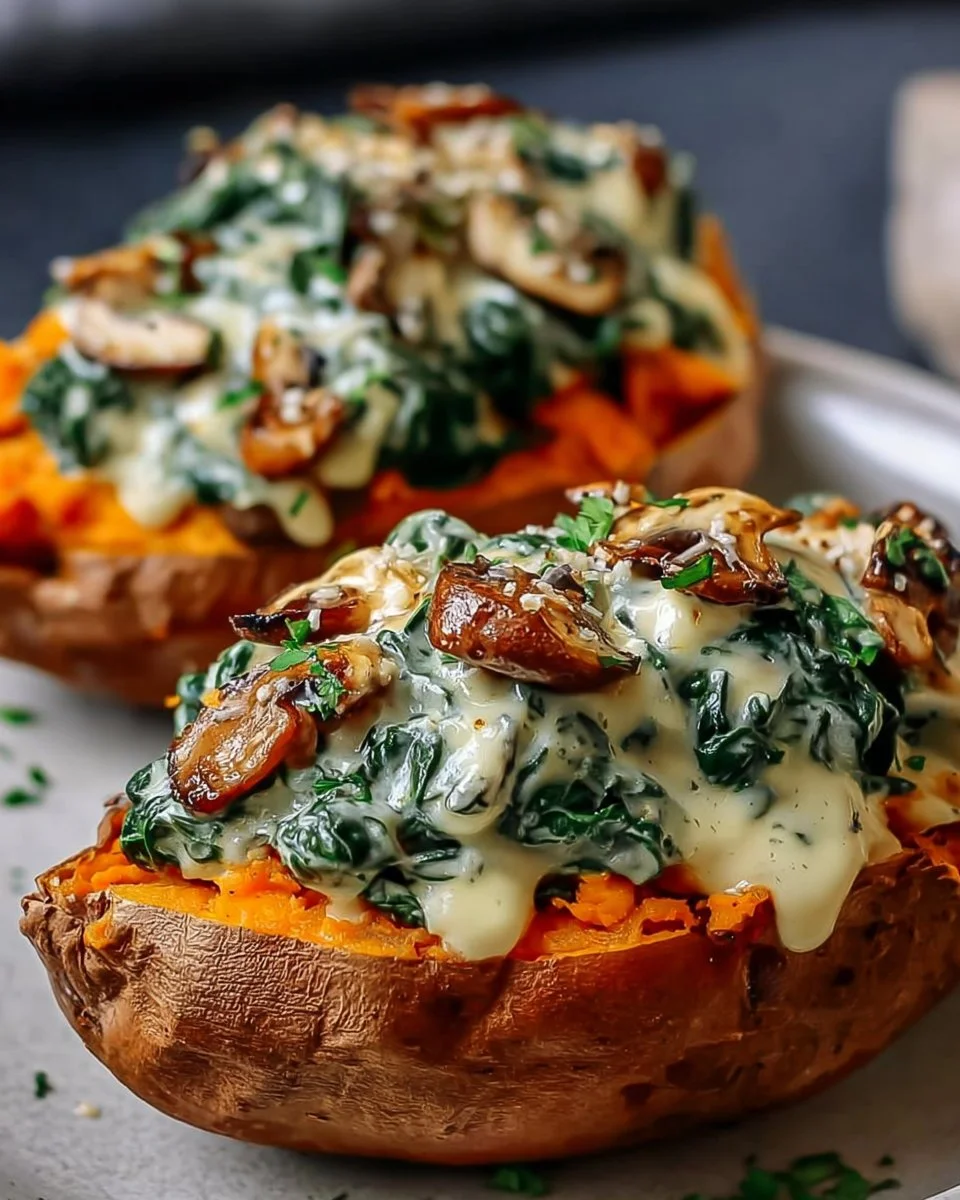 Creamy Mushroom and Spinach Stuffed Sweet Potatoes