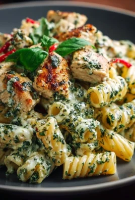 Creamy pesto chicken pasta garnished with basil and served in a bowl