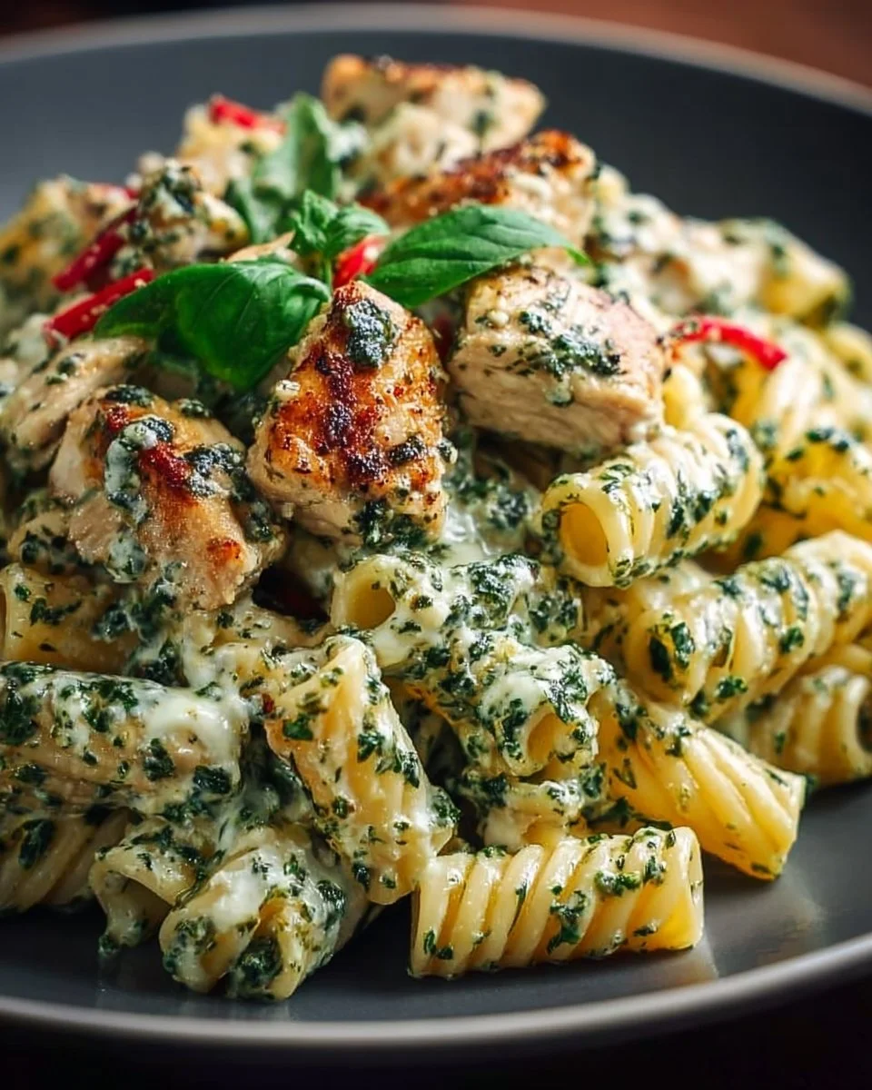 Creamy pesto chicken pasta garnished with basil and served in a bowl