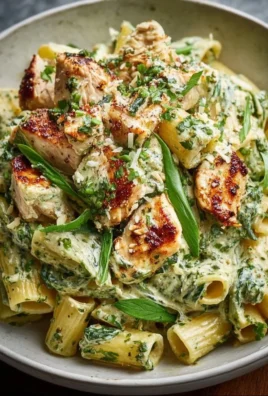 Creamy pesto chicken pasta in a bowl garnished with basil and Parmesan cheese