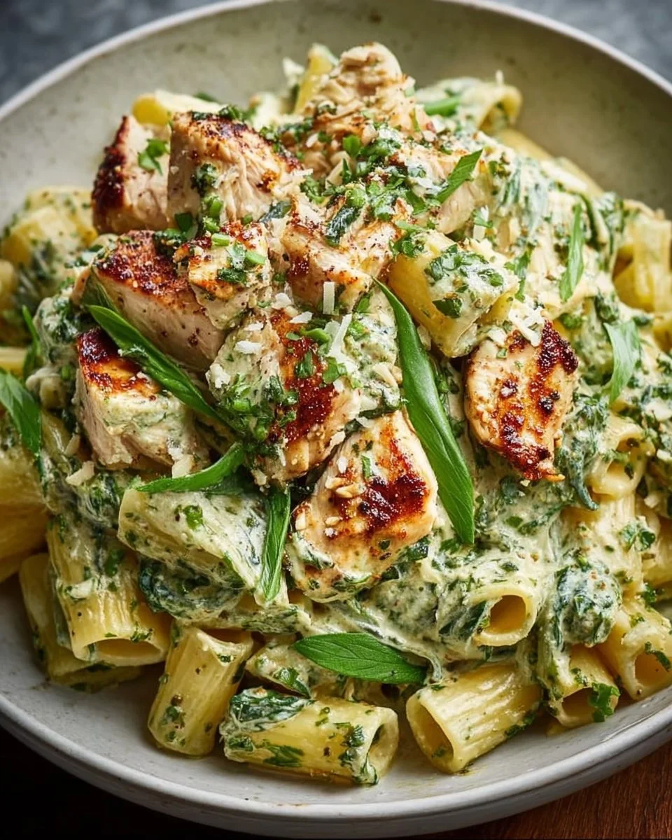 Creamy pesto chicken pasta in a bowl garnished with basil and Parmesan cheese