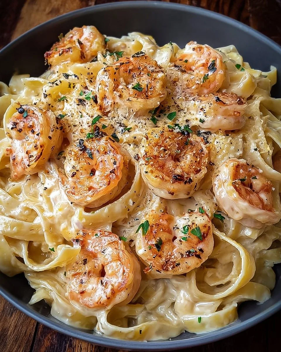 Creamy shrimp fettuccine pasta with homemade Alfredo sauce