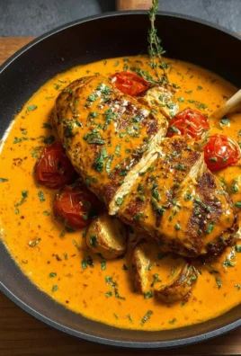 Creamy tomato chicken breast dish garnished with fresh herbs.