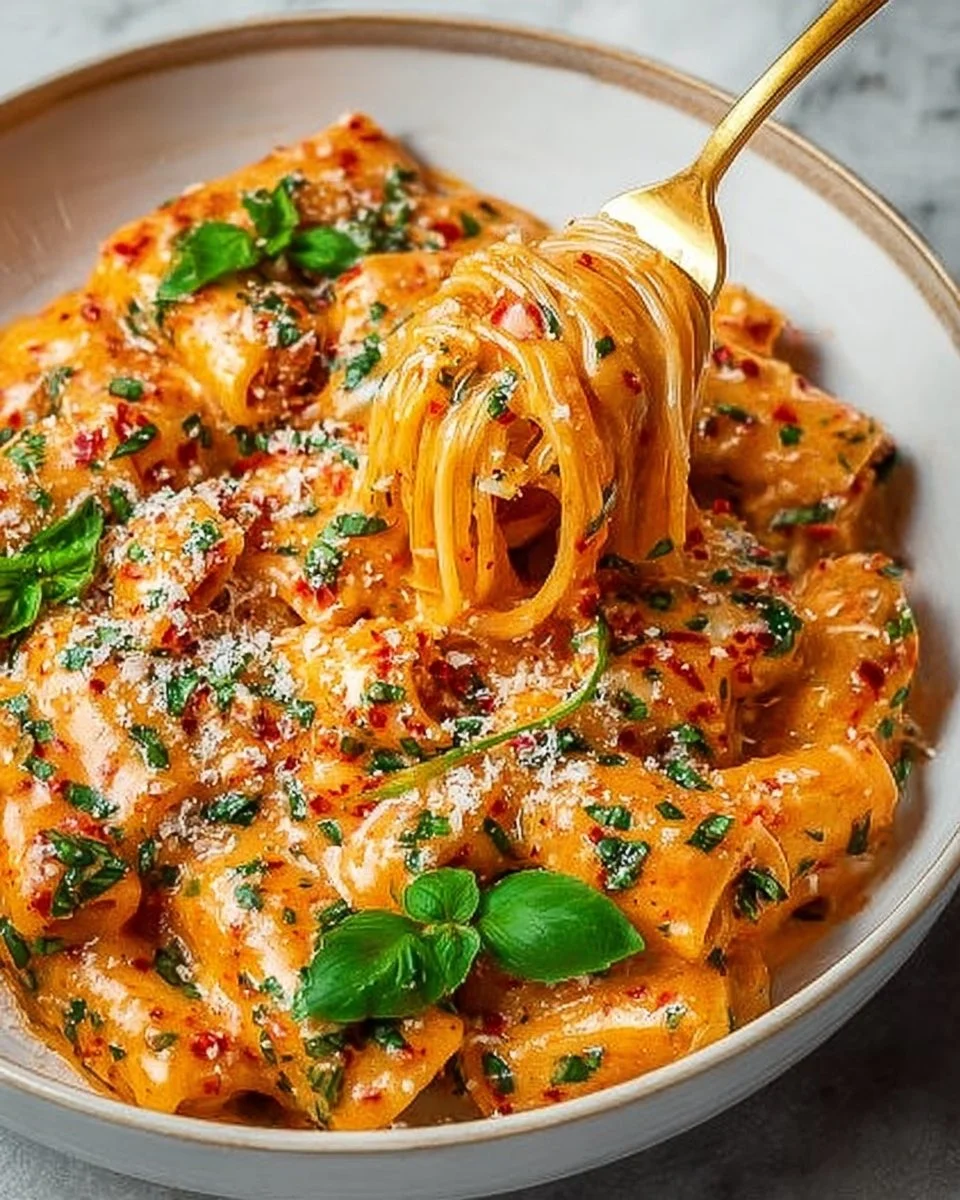 Creamy Tomato Garlic Pasta served in a bowl with fresh herbs on top