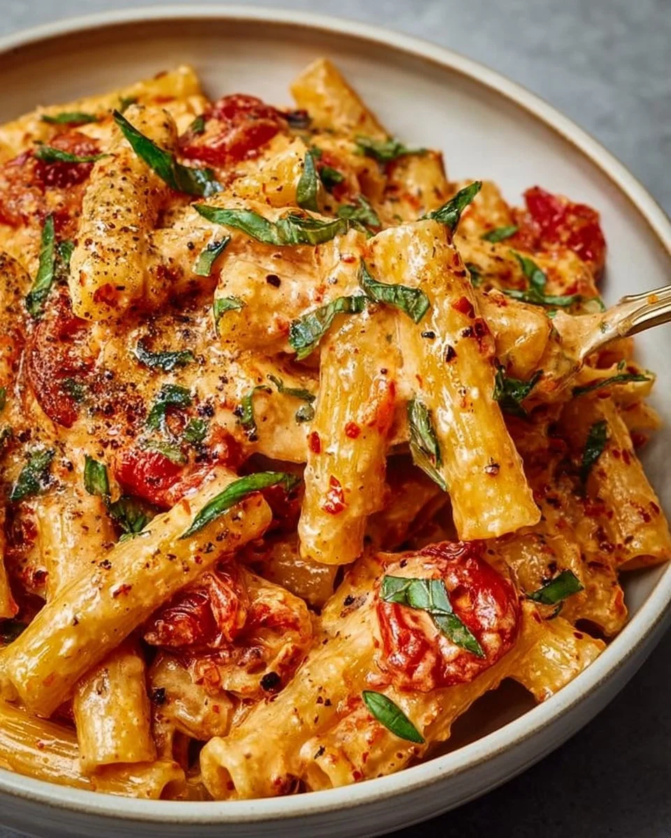 Bowl of creamy tomato garlic pasta with fresh herbs and a sprinkle of cheese