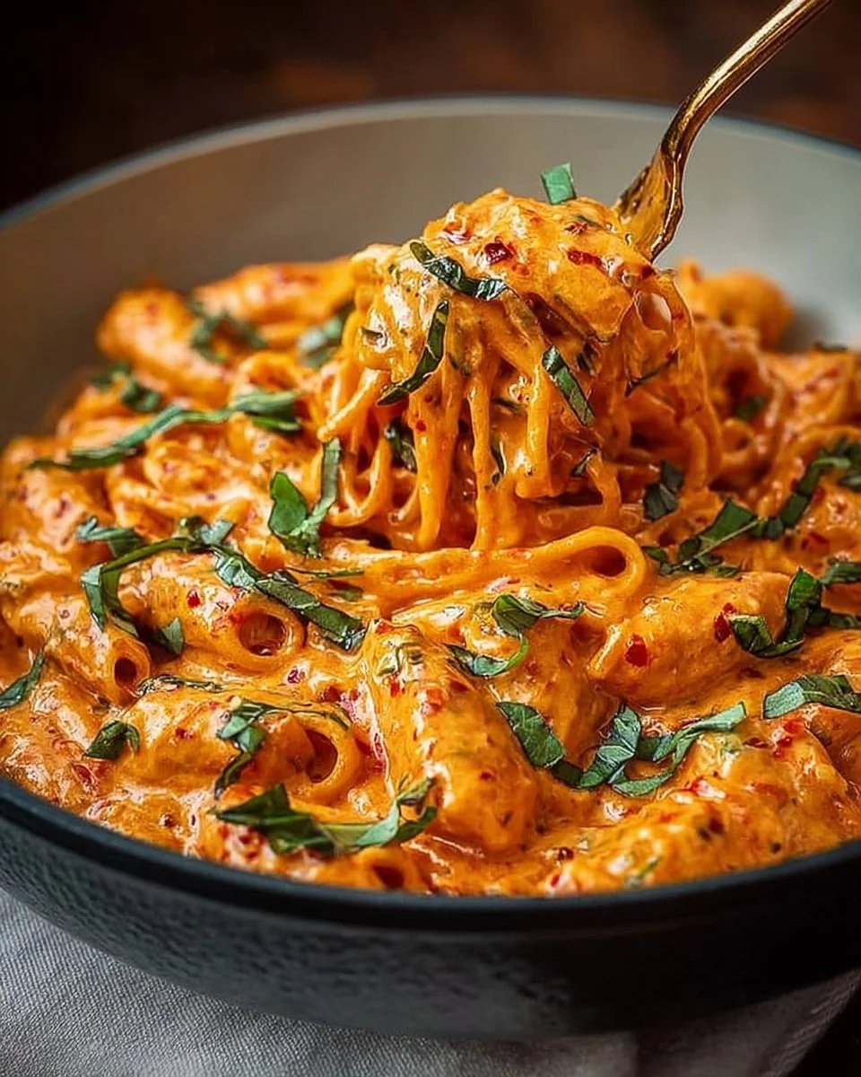 Creamy tomato garlic pasta beautifully plated with fresh herbs garnishing.