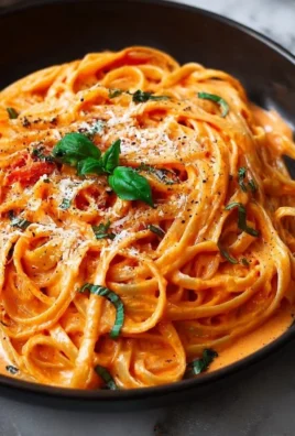 Creamy tomato pasta served in a bowl garnished with fresh basil.