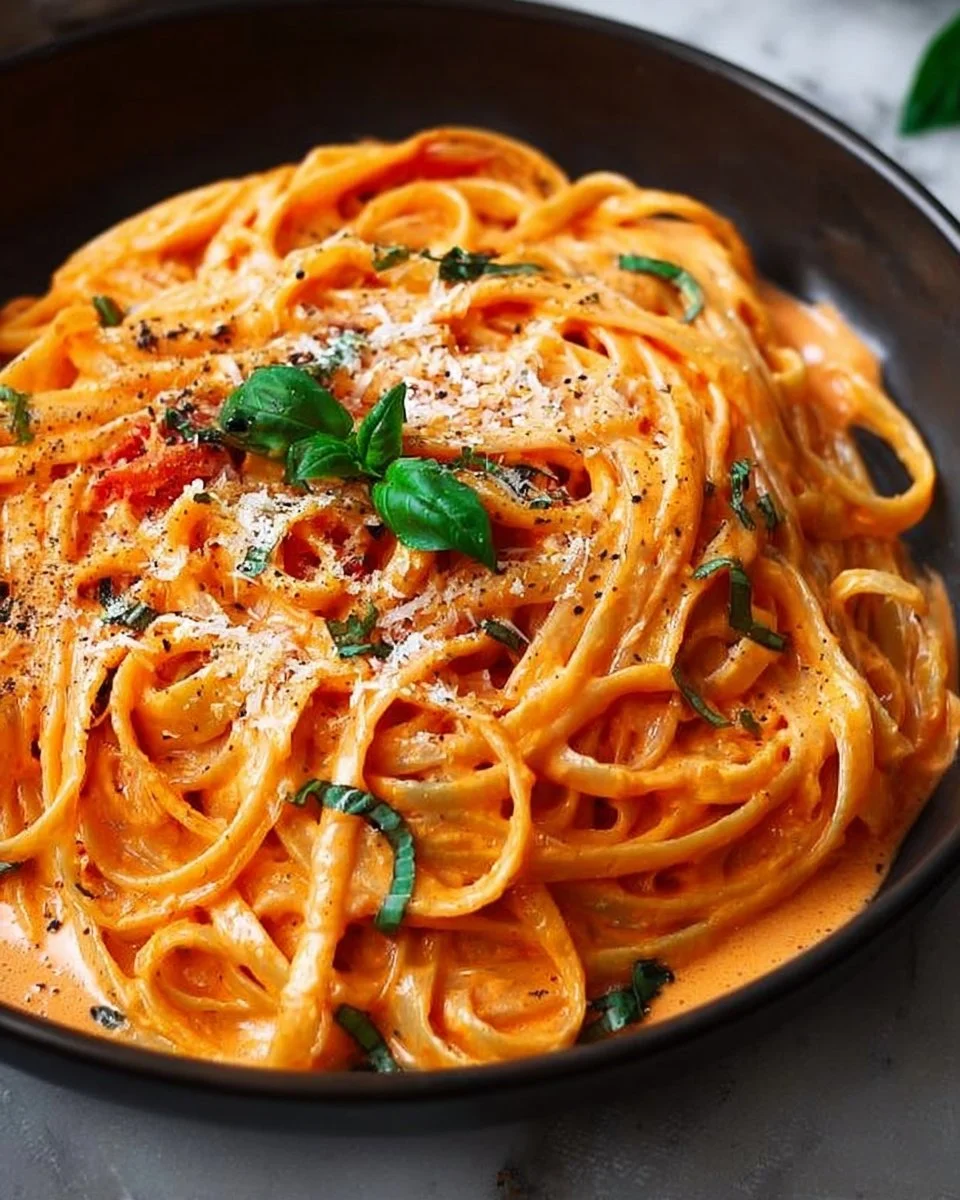 Creamy tomato pasta served in a bowl garnished with fresh basil.