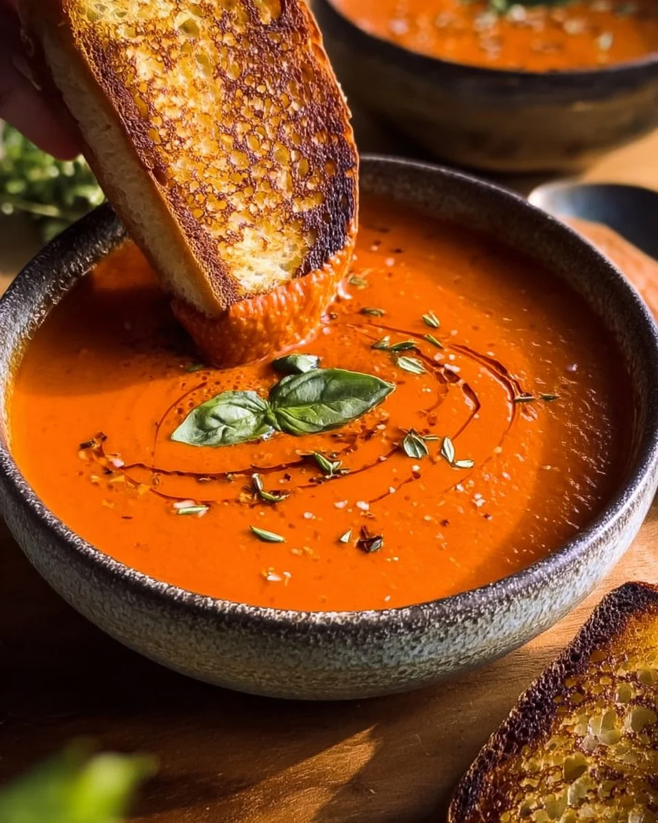 Bowl of creamy tomato soup garnished with fresh basil and drizzled with cream