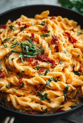 Creamy vegan sun-dried tomato pasta served in a bowl with fresh basil