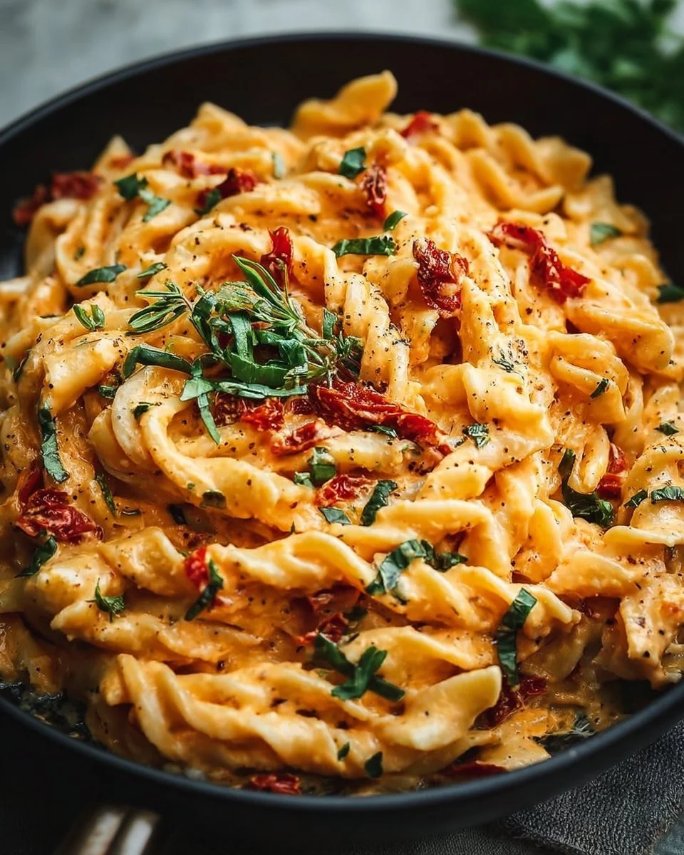 Creamy vegan sun-dried tomato pasta served in a bowl with fresh basil